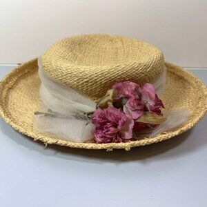 Vintage Straw Hat Flower Blossom Floral 90s Tulle Wide Brim 1990s Nineties Pink